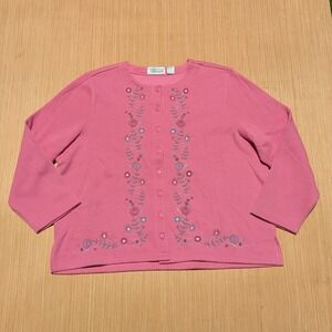 Shenanigans‎ Pink Floral Embroidered Sweater Cardigan Retro Grandma Women's 1X